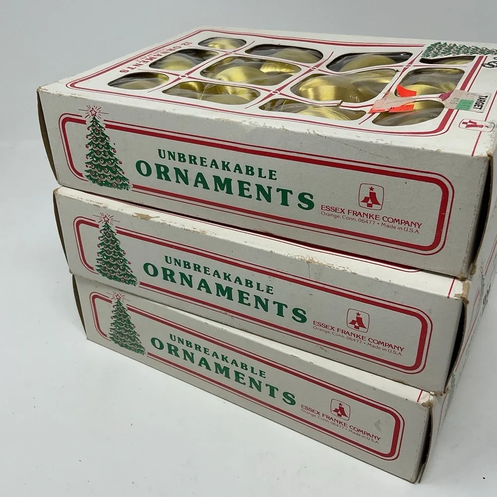 VTG‎ Essex Franke Gold Satin Unbreakable Christmas Ornaments 3 Boxes 12 Each USA